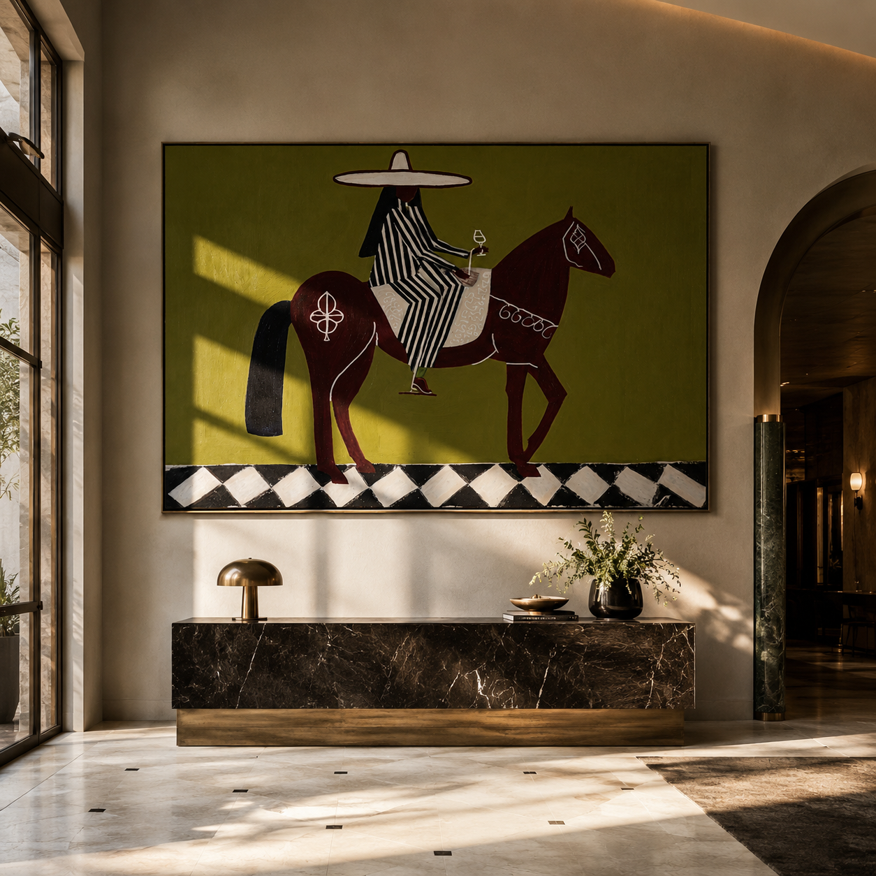 Striped Rider Crosses Checkers - horse rider folk painting by Marcus Lau, retro modern horizontal wall art – styled room scene view 3