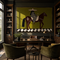 Striped Rider Crosses Checkers - horse rider folk painting by Marcus Lau, retro modern horizontal wall art – styled room scene view 4
