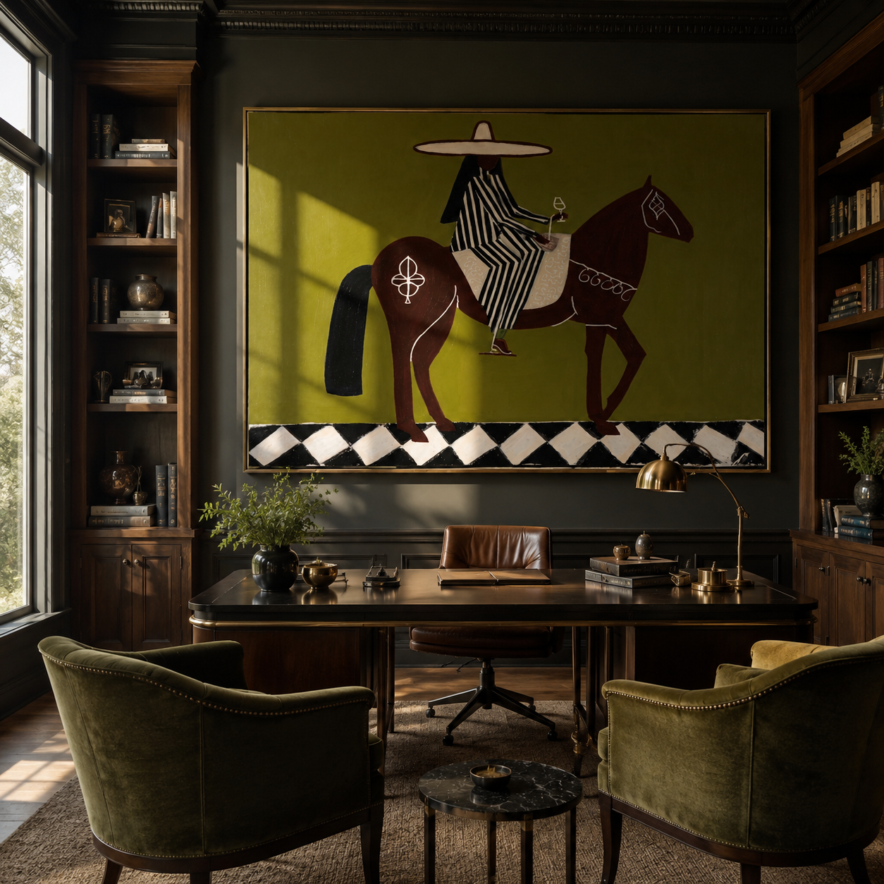 Striped Rider Crosses Checkers - horse rider folk painting by Marcus Lau, retro modern horizontal wall art – styled room scene view 4
