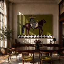 Striped Rider Crosses Checkers - horse rider folk painting by Marcus Lau, retro modern horizontal wall art – styled room scene view 5