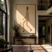Long Steps Cross Ivory - minimal walking figure painting by Marcus Lau, retro modern vertical wall art – styled room scene view 1