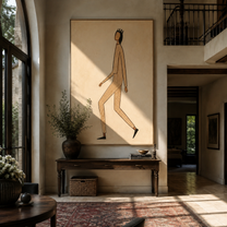 Long Steps Cross Ivory - minimal walking figure painting by Marcus Lau, retro modern vertical wall art – styled room scene view 1