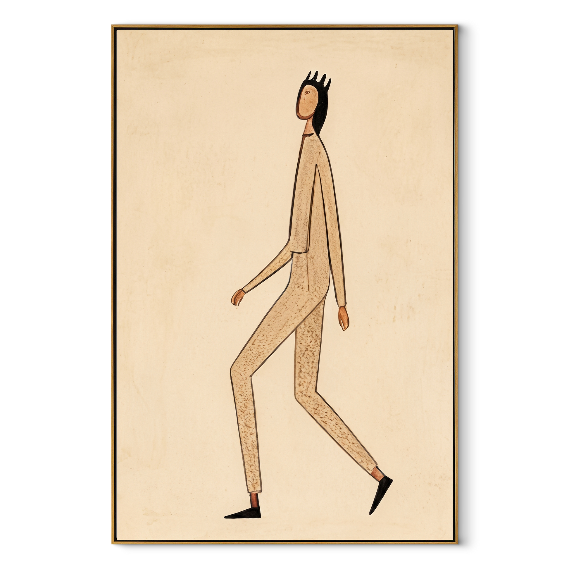 Long Steps Cross Ivory - minimal walking figure painting by Marcus Lau, retro modern vertical wall art – wood frame on white background