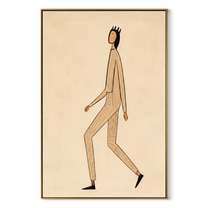 Long Steps Cross Ivory - minimal walking figure painting by Marcus Lau, retro modern vertical wall art – wood frame on white background