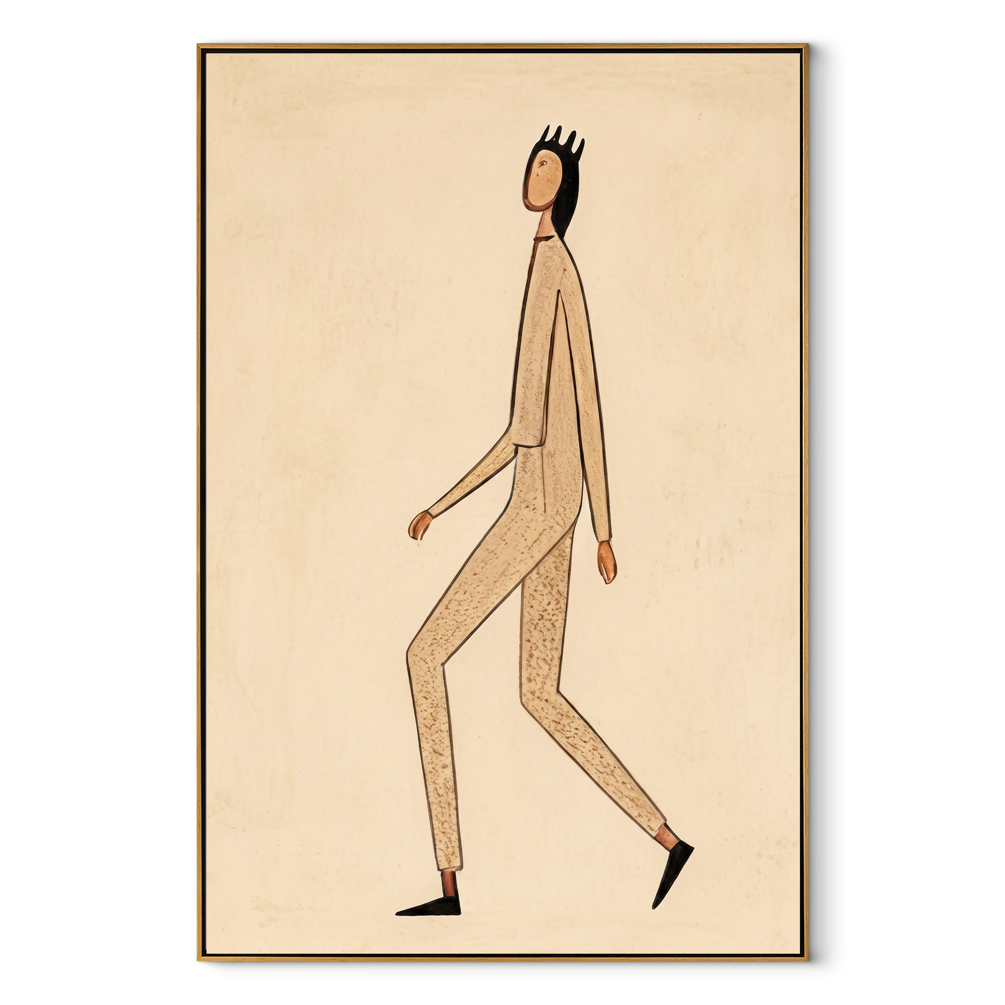 Long Steps Cross Ivory - minimal walking figure painting by Marcus Lau, retro modern vertical wall art – wood frame on white background