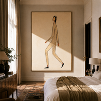 Long Steps Cross Ivory - minimal walking figure painting by Marcus Lau, retro modern vertical wall art – styled room scene view 2