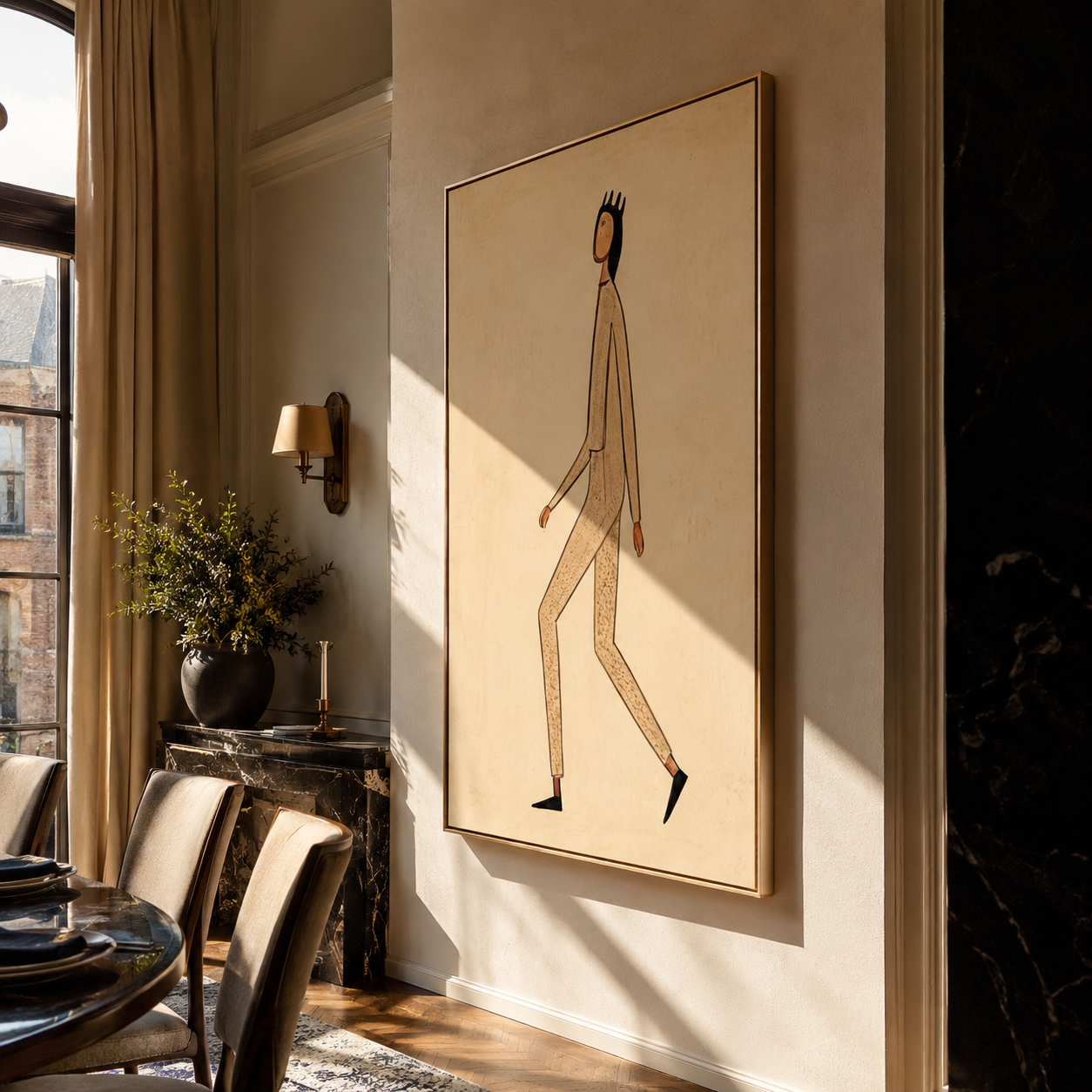 Long Steps Cross Ivory - minimal walking figure painting by Marcus Lau, retro modern vertical wall art – styled room scene view 3