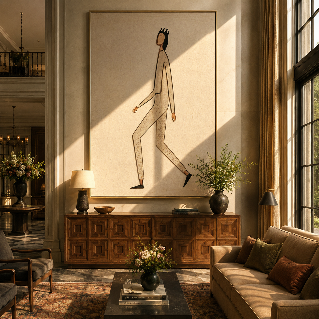 Long Steps Cross Ivory - minimal walking figure painting by Marcus Lau, retro modern vertical wall art – styled room scene view 4