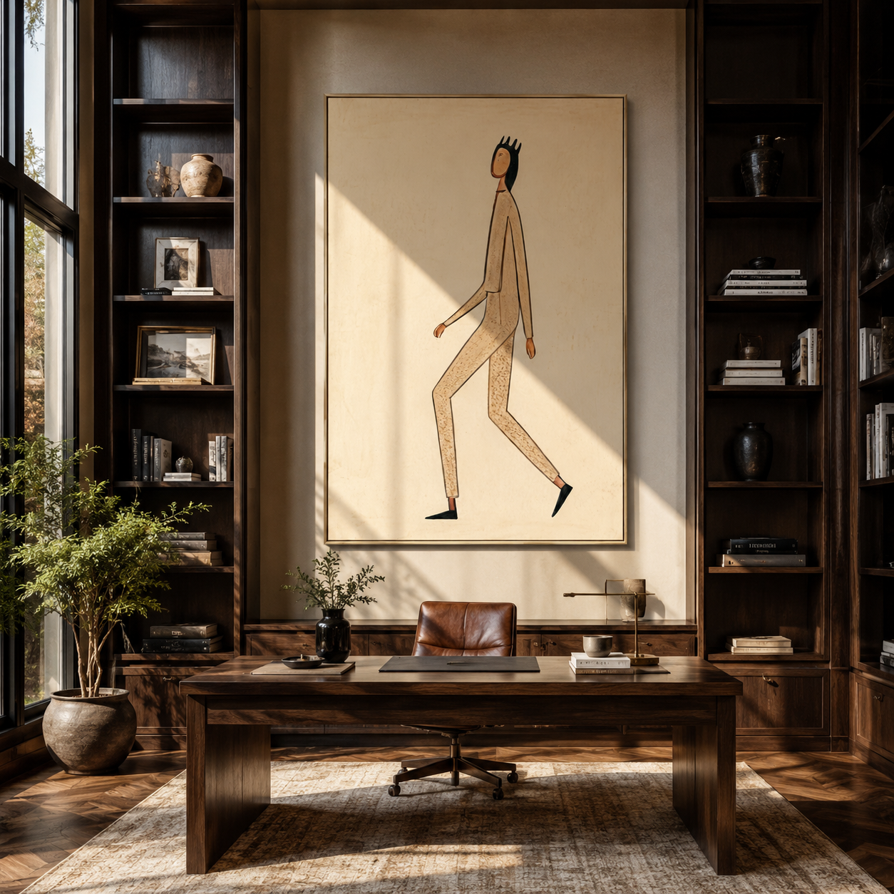 Long Steps Cross Ivory - minimal walking figure painting by Marcus Lau, retro modern vertical wall art – styled room scene view 5