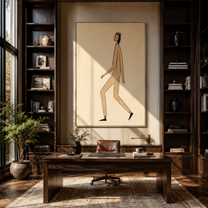 Long Steps Cross Ivory - minimal walking figure painting by Marcus Lau, retro modern vertical wall art – styled room scene view 5