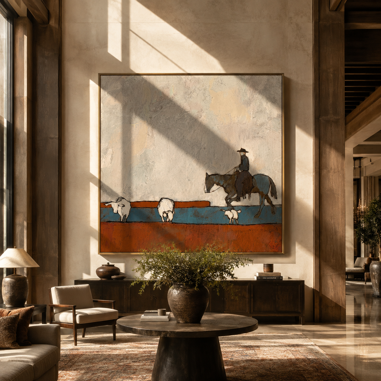 Shepherd Crosses Rust Fields - shepherd and sheep painting by Marcus Lau, retro modern square wall art – styled room scene view 1