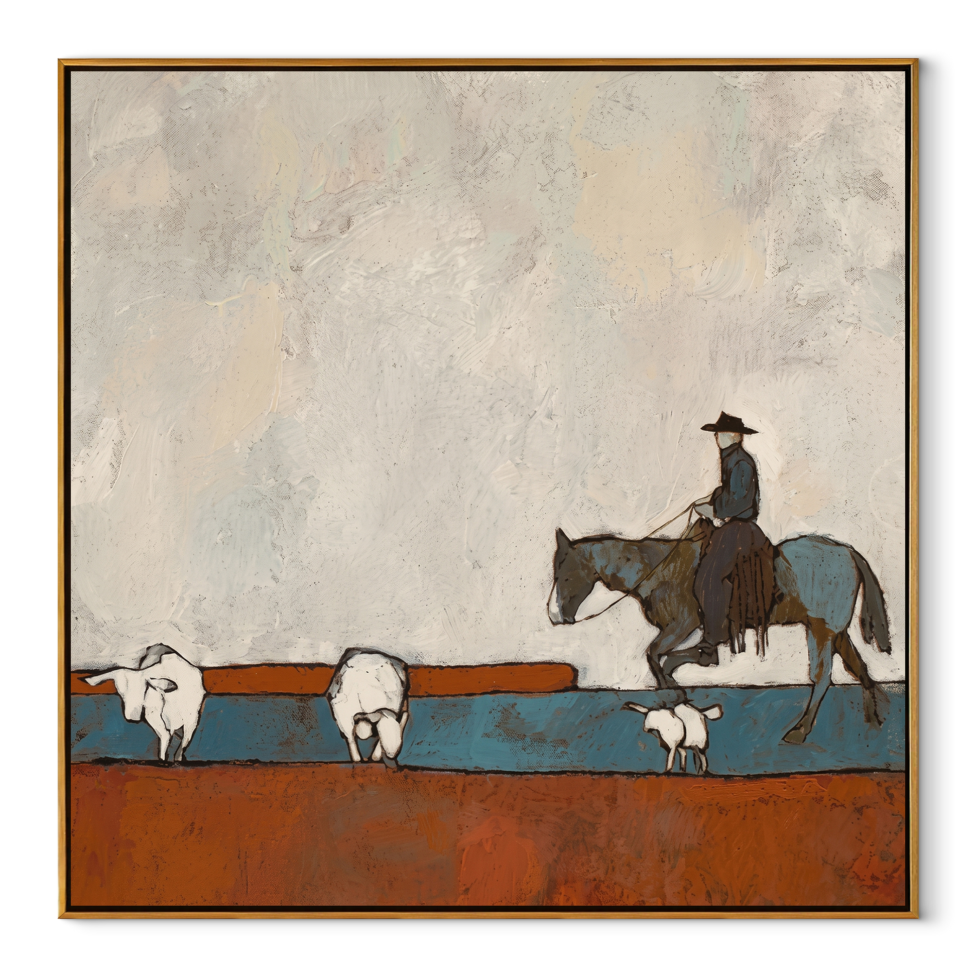 Shepherd Crosses Rust Fields - shepherd and sheep painting by Marcus Lau, retro modern square wall art – wood frame on white background