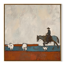 Shepherd Crosses Rust Fields - shepherd and sheep painting by Marcus Lau, retro modern square wall art – wood frame on white background