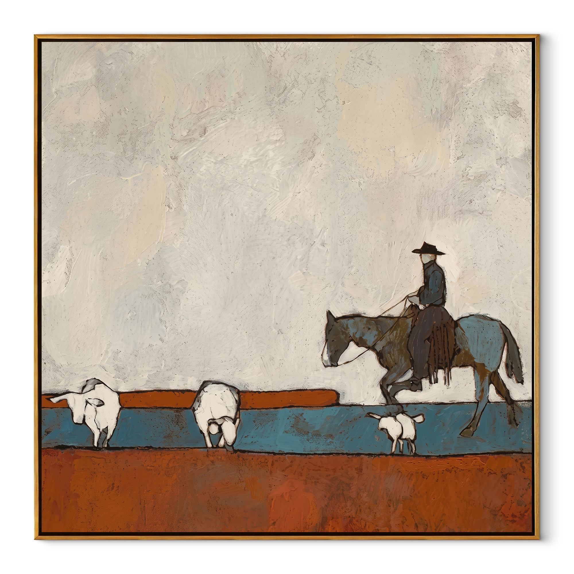 Shepherd Crosses Rust Fields - shepherd and sheep painting by Marcus Lau, retro modern square wall art – wood frame on white background