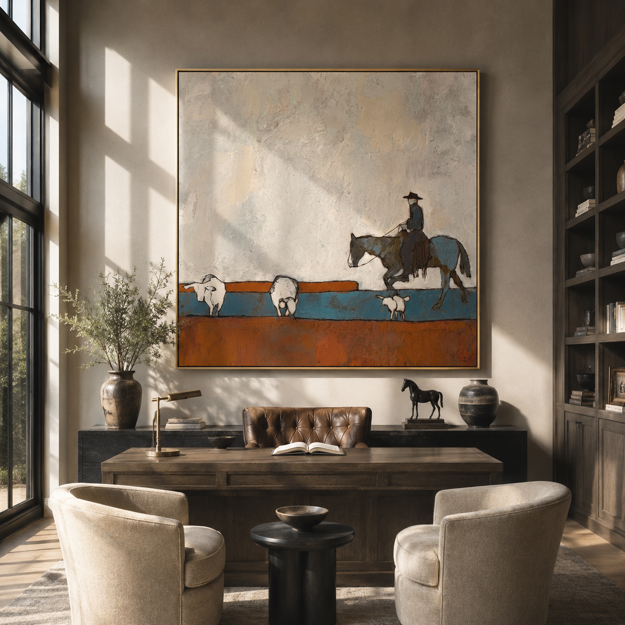 Shepherd Crosses Rust Fields - shepherd and sheep painting by Marcus Lau, retro modern square wall art – styled room scene view 2