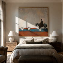 Shepherd Crosses Rust Fields - shepherd and sheep painting by Marcus Lau, retro modern square wall art – styled room scene view 3