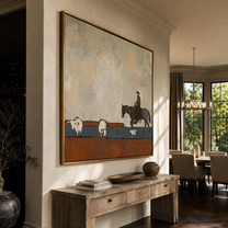 Shepherd Crosses Rust Fields - shepherd and sheep painting by Marcus Lau, retro modern square wall art – styled room scene view 4