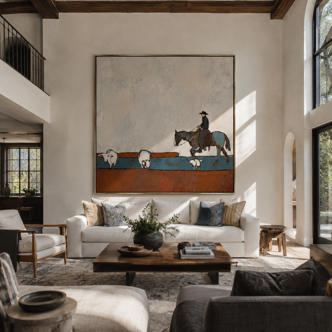 Shepherd Crosses Rust Fields - shepherd and sheep painting by Marcus Lau, retro modern square wall art – styled room scene view 5