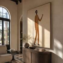 Brown Suit Counts Distance - minimal brown figure painting by Marcus Lau, retro modern vertical wall art – styled room scene view 1