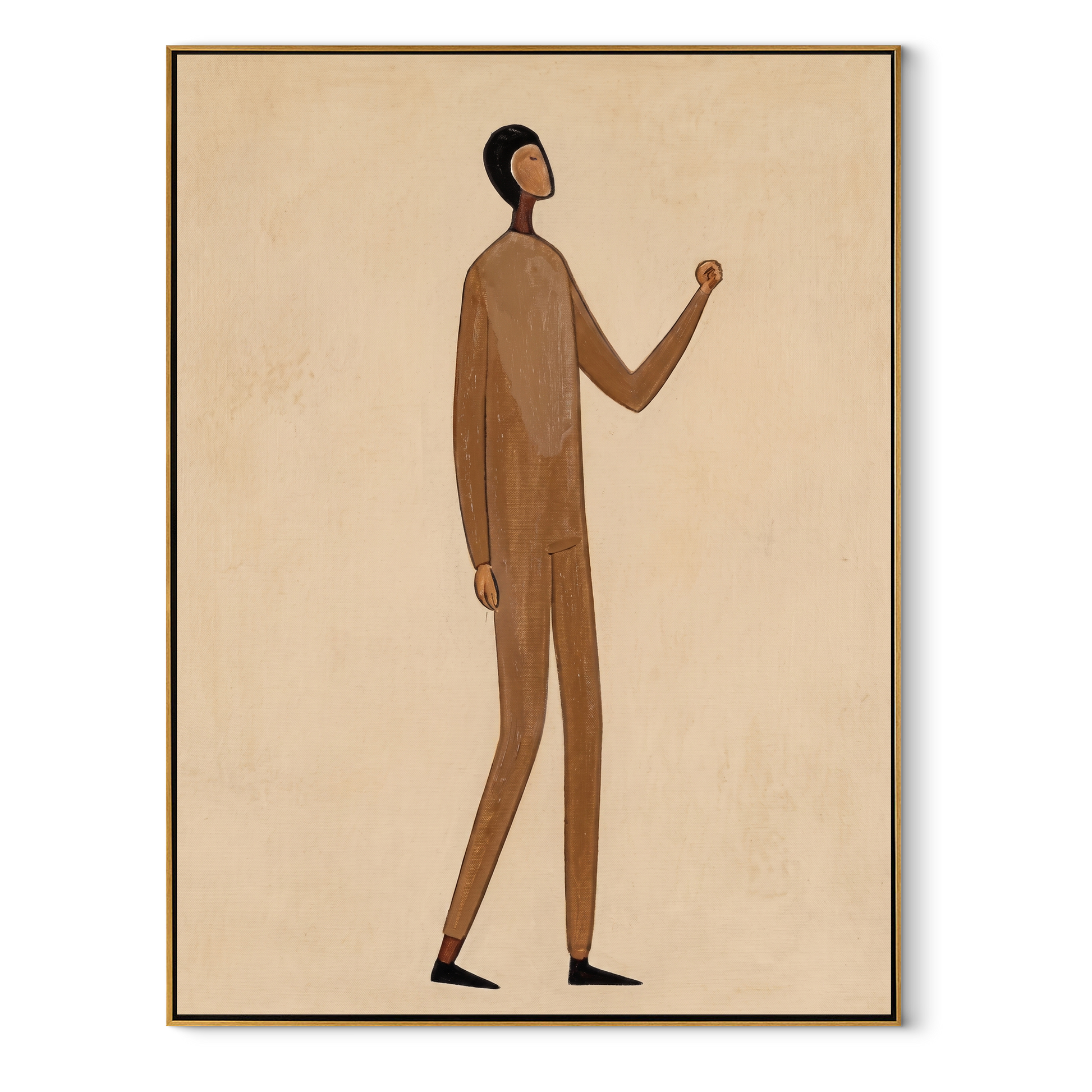 Brown Suit Counts Distance - minimal brown figure painting by Marcus Lau, retro modern vertical wall art – wood frame on white background