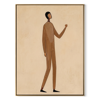 Brown Suit Counts Distance - minimal brown figure painting by Marcus Lau, retro modern vertical wall art – wood frame on white background