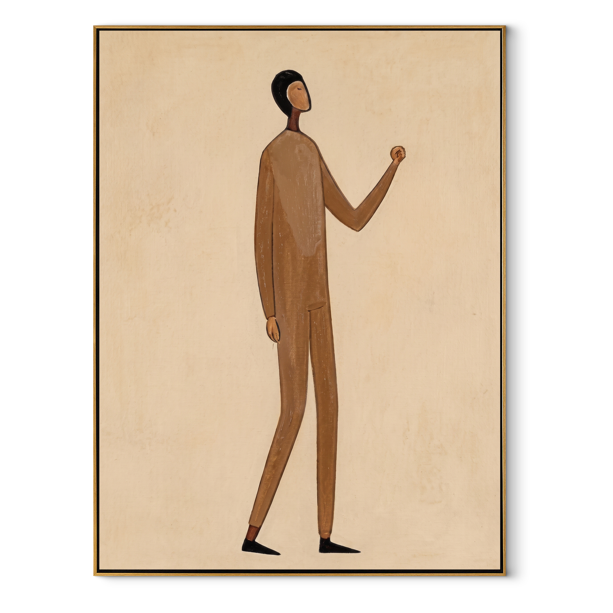Brown Suit Counts Distance - minimal brown figure painting by Marcus Lau, retro modern vertical wall art – wood frame on white background