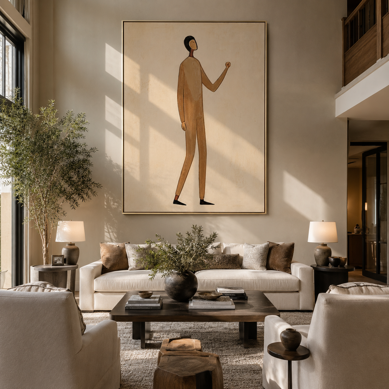 Brown Suit Counts Distance - minimal brown figure painting by Marcus Lau, retro modern vertical wall art – styled room scene view 2