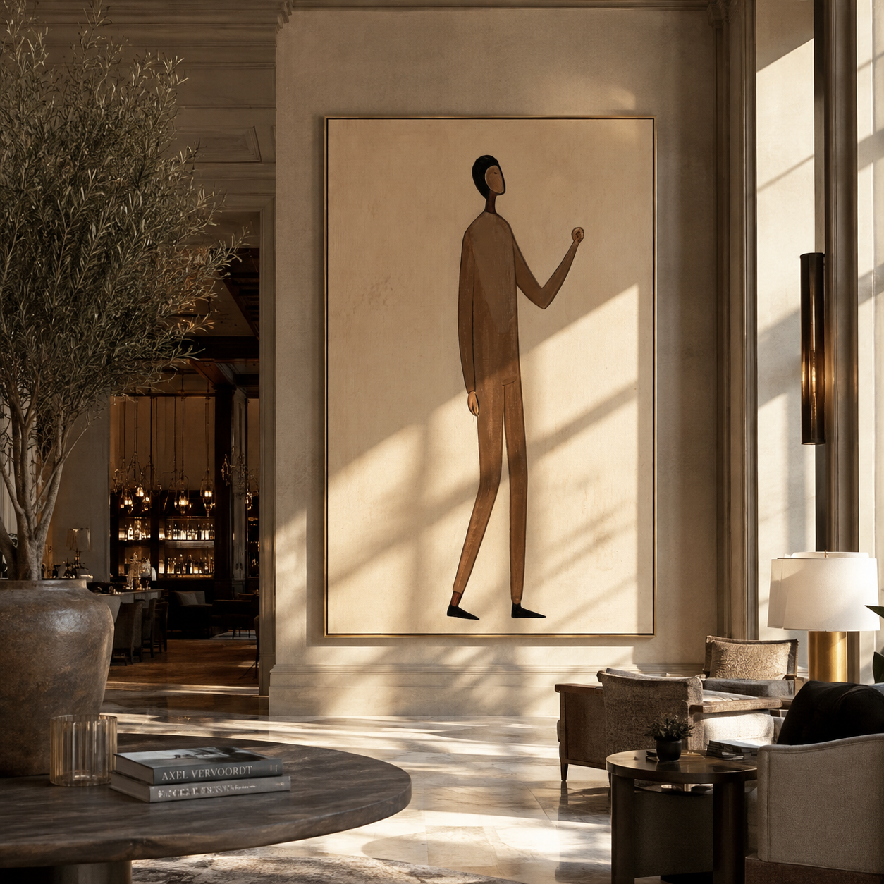 Brown Suit Counts Distance - minimal brown figure painting by Marcus Lau, retro modern vertical wall art – styled room scene view 3