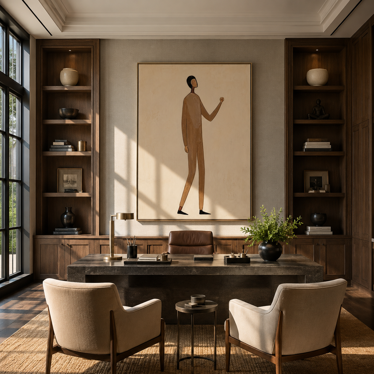 Brown Suit Counts Distance - minimal brown figure painting by Marcus Lau, retro modern vertical wall art – styled room scene view 4
