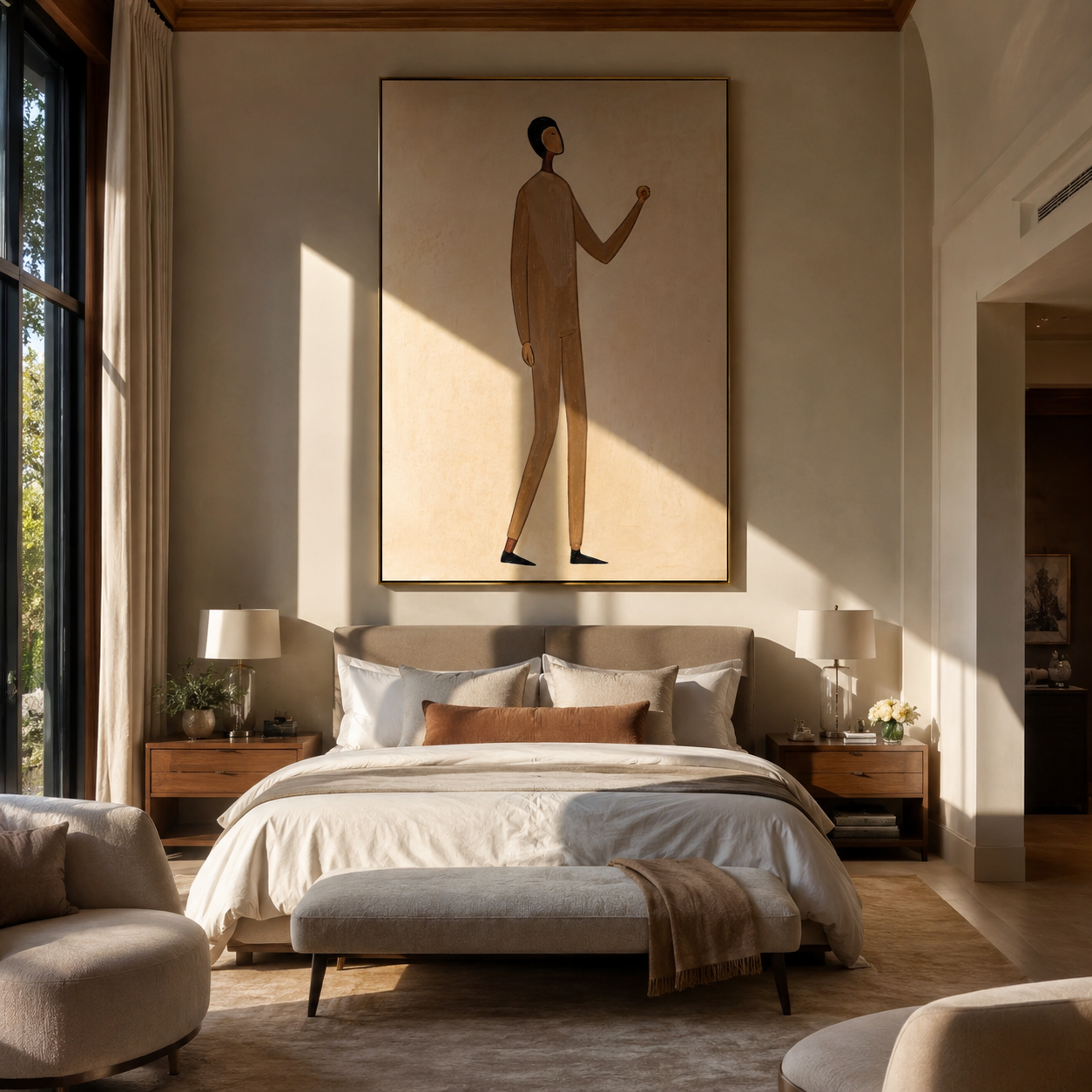 Brown Suit Counts Distance - minimal brown figure painting by Marcus Lau, retro modern vertical wall art – styled room scene view 5