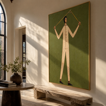 Golden Rods Hold Balance - figure balancing rods painting by Marcus Lau, retro modern vertical wall art – styled room scene view 1