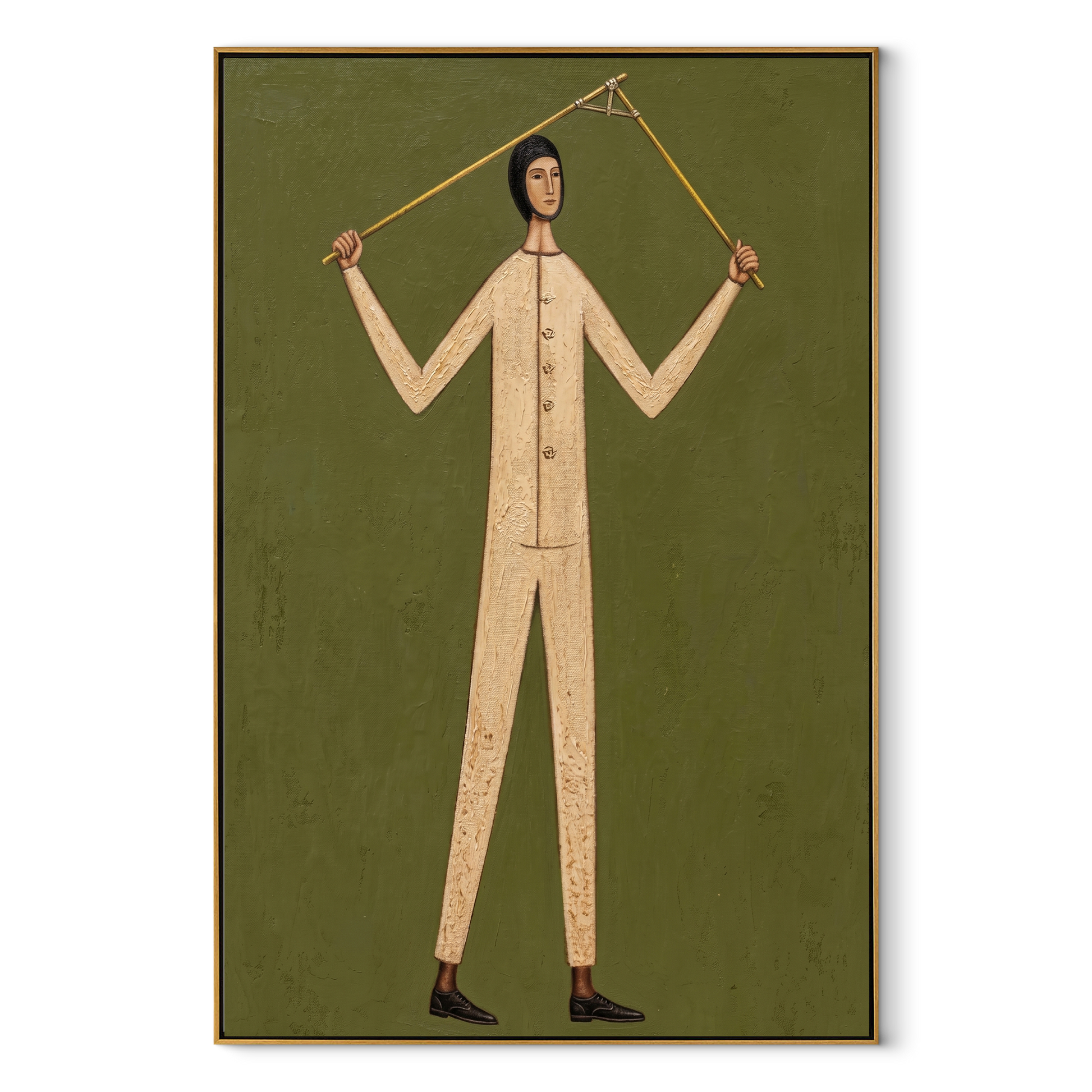 Golden Rods Hold Balance - figure balancing rods painting by Marcus Lau, retro modern vertical wall art – wood frame on white background