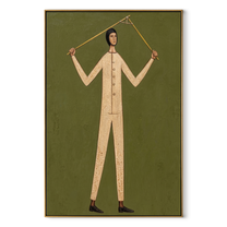 Golden Rods Hold Balance - figure balancing rods painting by Marcus Lau, retro modern vertical wall art – wood frame on white background