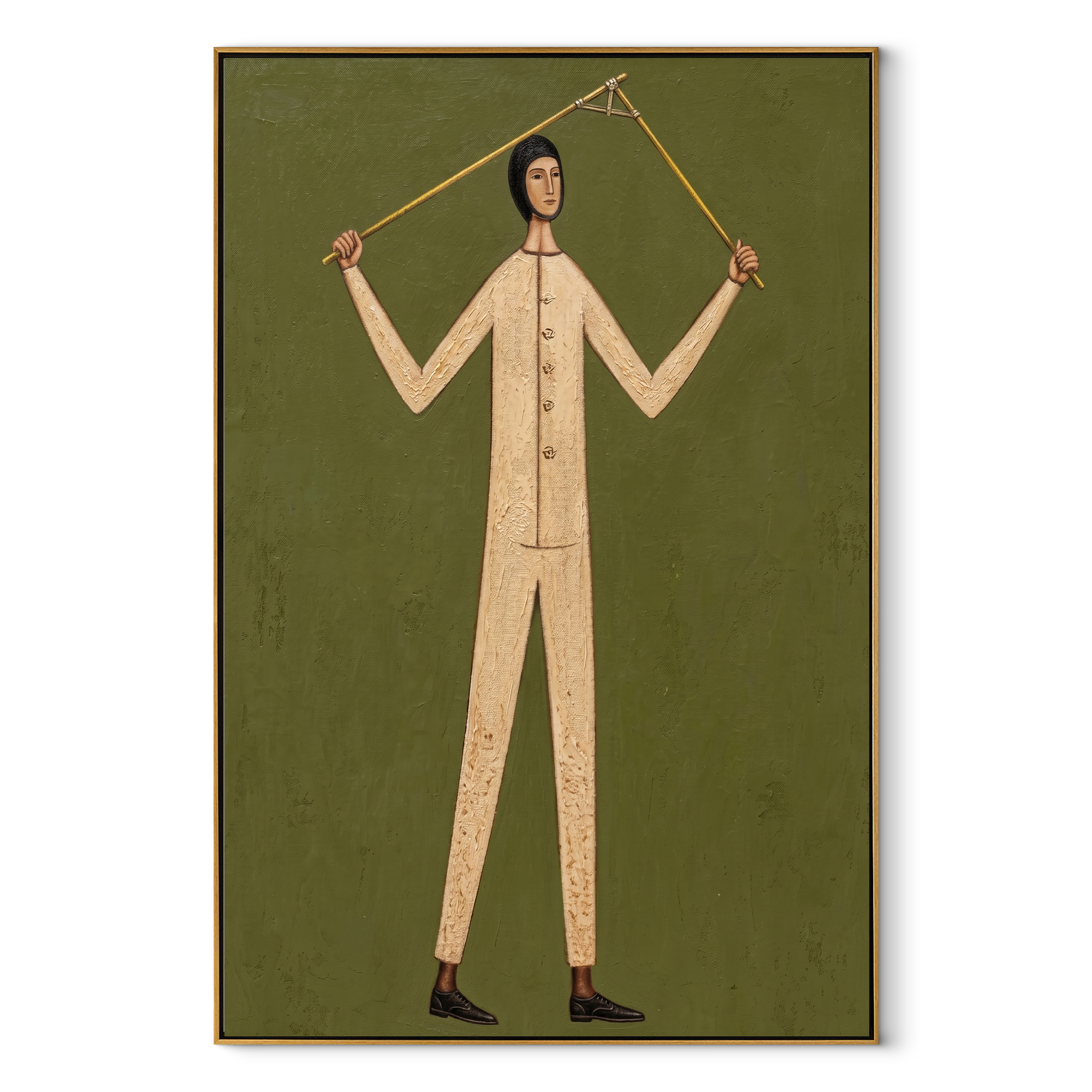 Golden Rods Hold Balance - figure balancing rods painting by Marcus Lau, retro modern vertical wall art – wood frame on white background