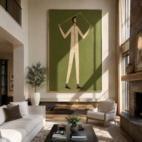 Golden Rods Hold Balance - figure balancing rods painting by Marcus Lau, retro modern vertical wall art – styled room scene view 2
