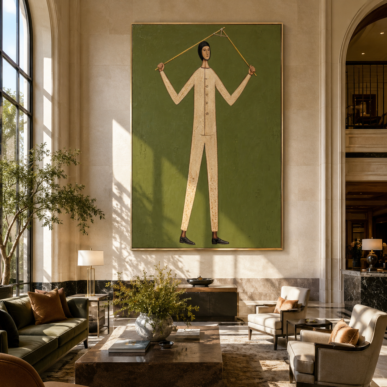 Golden Rods Hold Balance - figure balancing rods painting by Marcus Lau, retro modern vertical wall art – styled room scene view 3