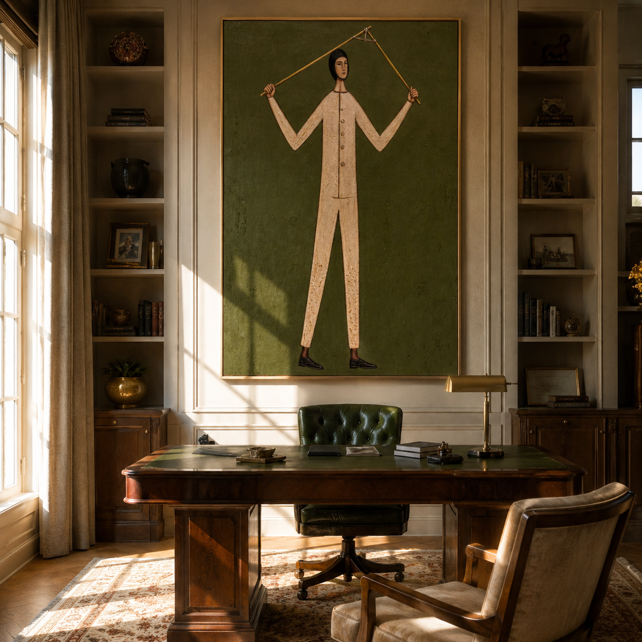 Golden Rods Hold Balance - figure balancing rods painting by Marcus Lau, retro modern vertical wall art – styled room scene view 4