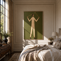 Golden Rods Hold Balance - figure balancing rods painting by Marcus Lau, retro modern vertical wall art – styled room scene view 5