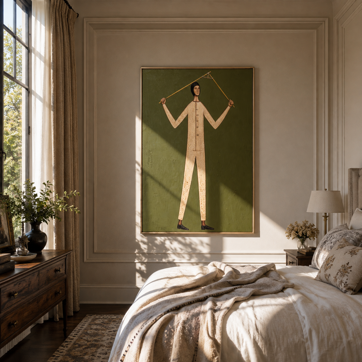 Golden Rods Hold Balance - figure balancing rods painting by Marcus Lau, retro modern vertical wall art – styled room scene view 5