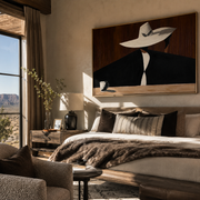White Brim Hides Coffee - woman coffee portrait painting by Marcus Lau, retro modern horizontal wall art – styled room scene view 1