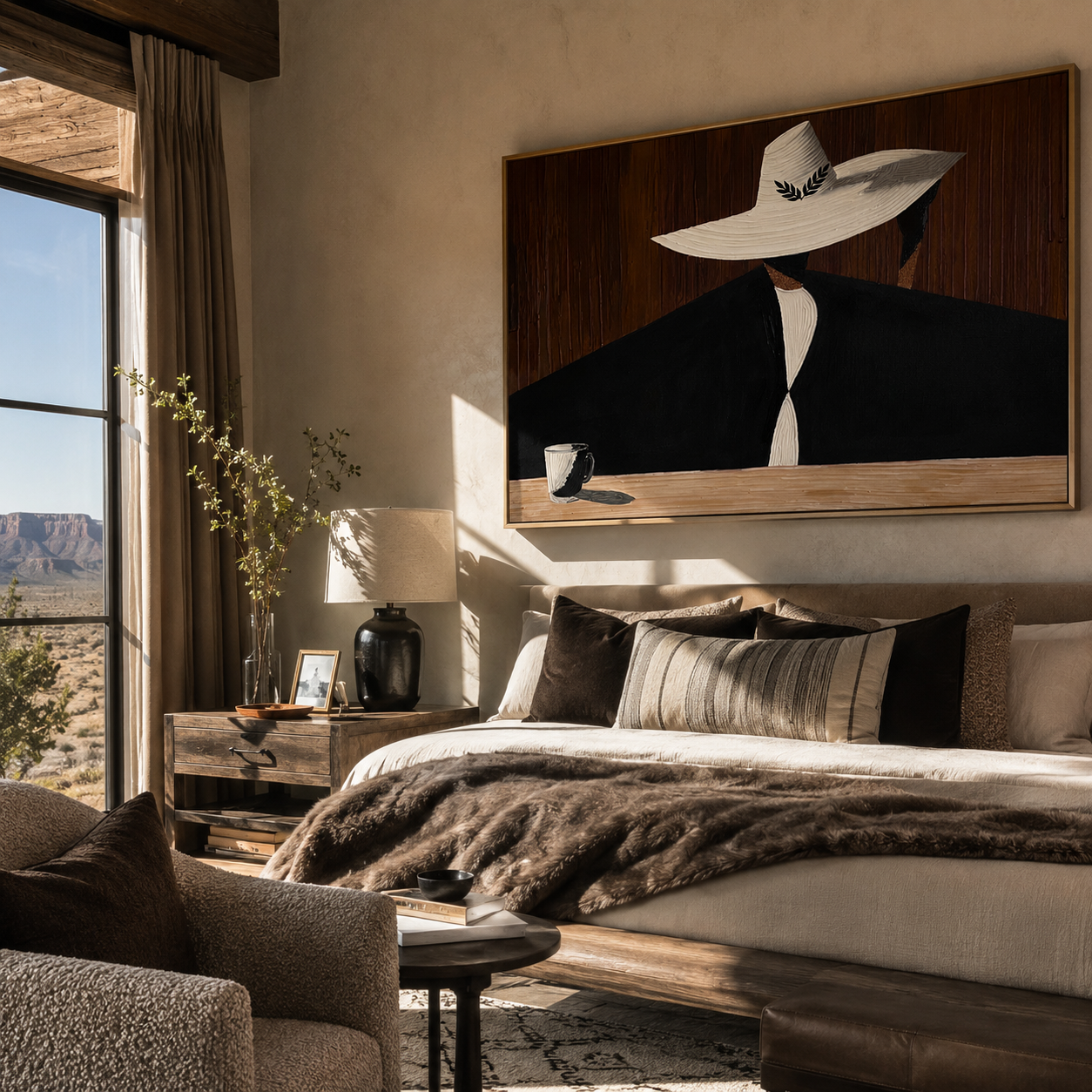 White Brim Hides Coffee - woman coffee portrait painting by Marcus Lau, retro modern horizontal wall art – styled room scene view 1