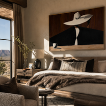 White Brim Hides Coffee - woman coffee portrait painting by Marcus Lau, retro modern horizontal wall art – styled room scene view 1