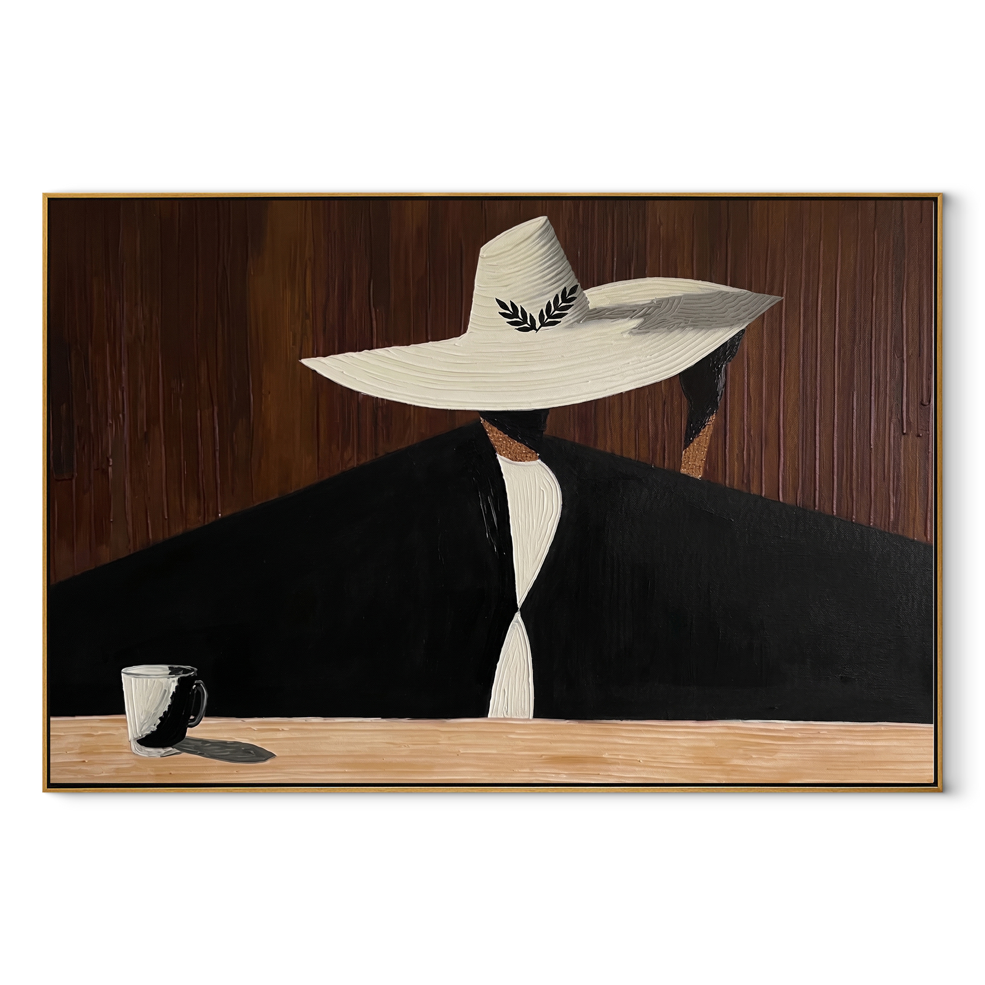 White Brim Hides Coffee - woman coffee portrait painting by Marcus Lau, retro modern horizontal wall art – wood frame on white background