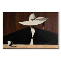 White Brim Hides Coffee - woman coffee portrait painting by Marcus Lau, retro modern horizontal wall art – wood frame on white background
