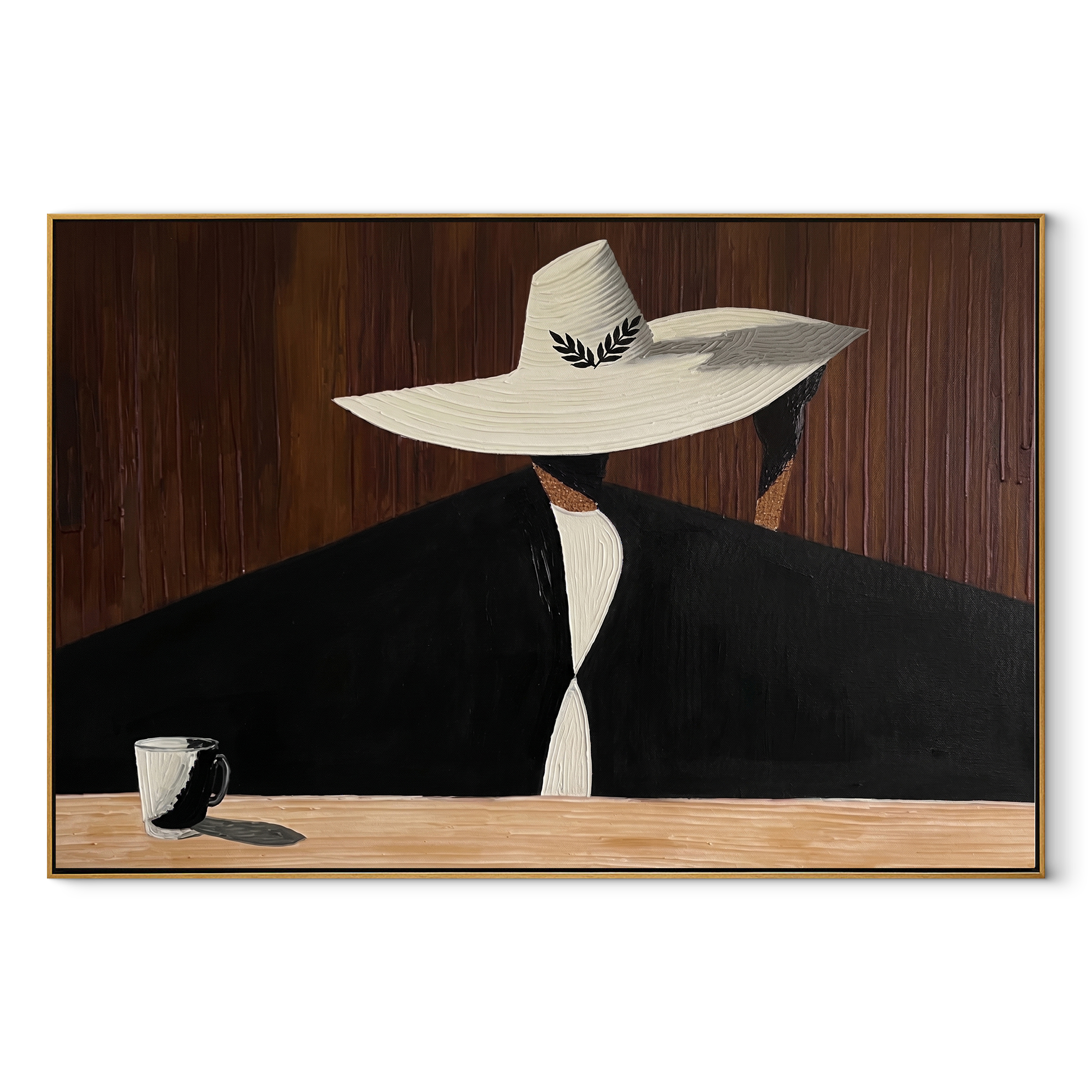 White Brim Hides Coffee - woman coffee portrait painting by Marcus Lau, retro modern horizontal wall art – wood frame on white background