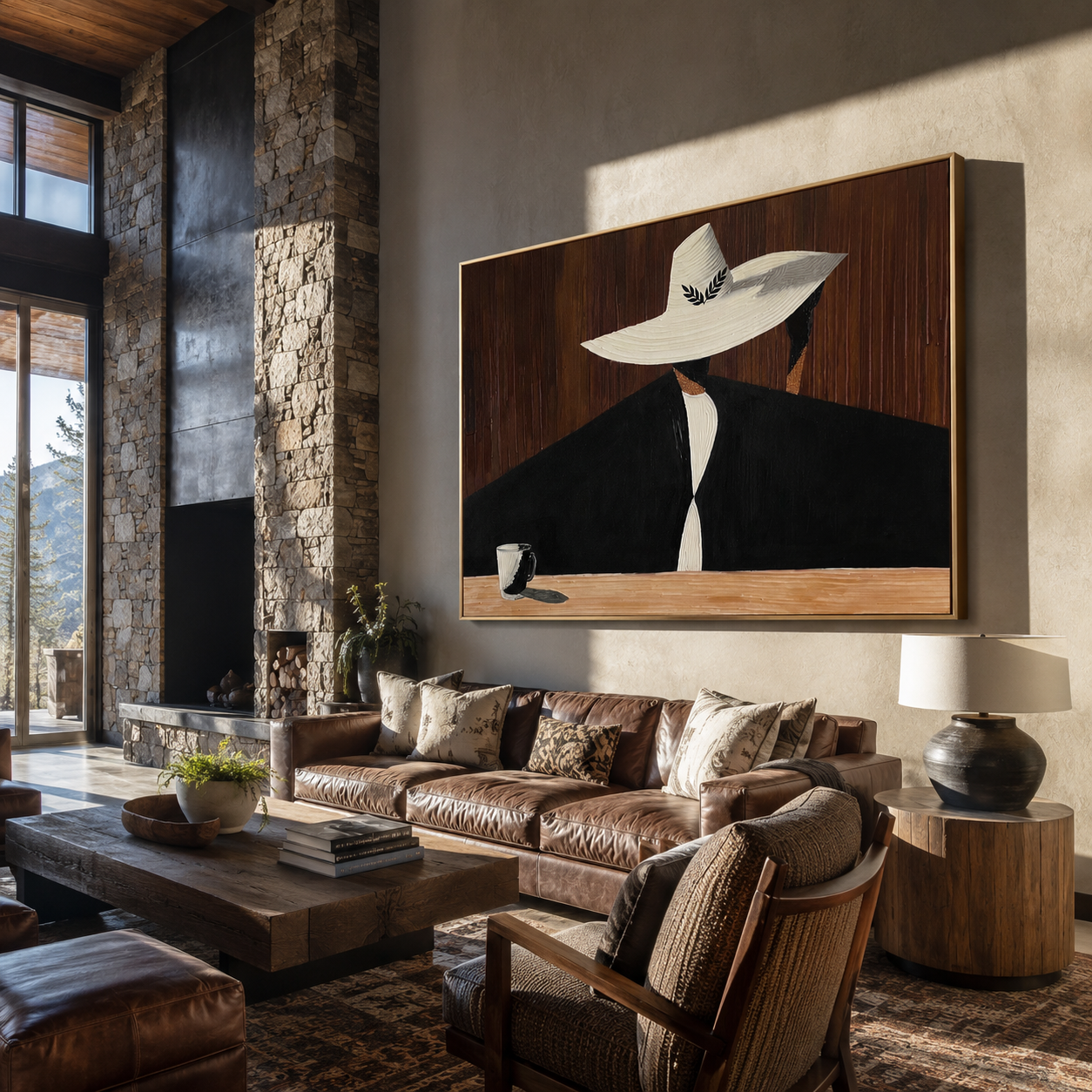 White Brim Hides Coffee - woman coffee portrait painting by Marcus Lau, retro modern horizontal wall art – styled room scene view 2