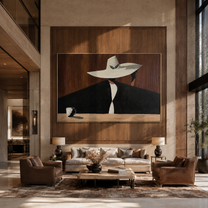 White Brim Hides Coffee - woman coffee portrait painting by Marcus Lau, retro modern horizontal wall art – styled room scene view 3