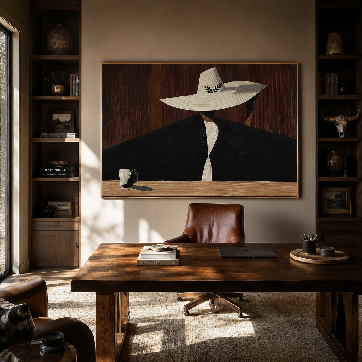 White Brim Hides Coffee - woman coffee portrait painting by Marcus Lau, retro modern horizontal wall art – styled room scene view 4
