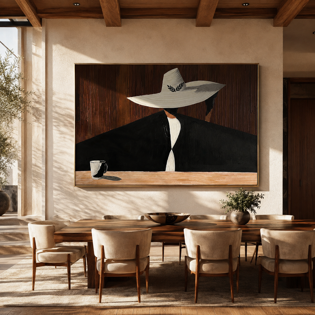 White Brim Hides Coffee - woman coffee portrait painting by Marcus Lau, retro modern horizontal wall art – styled room scene view 5