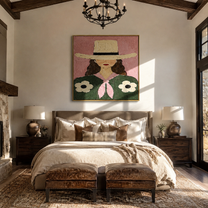 Daisies Bloom Under Brim - woman floral hat portrait by Marcus Lau, retro modern square wall art – styled room scene view 1